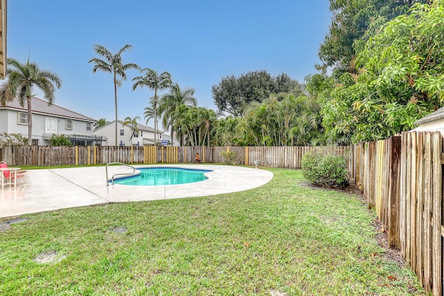 view of swimming pool with a lawn and a patio