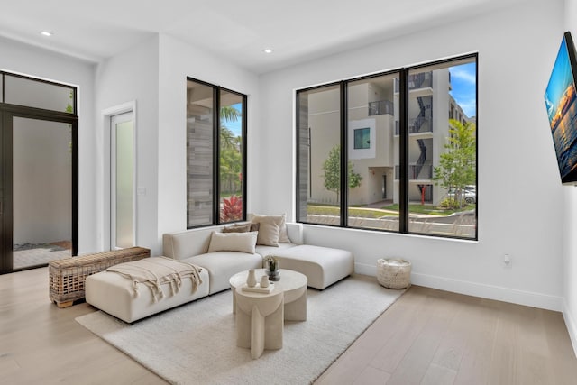 living area with light hardwood / wood-style flooring