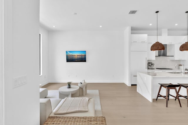 living room featuring sink and light hardwood / wood-style flooring