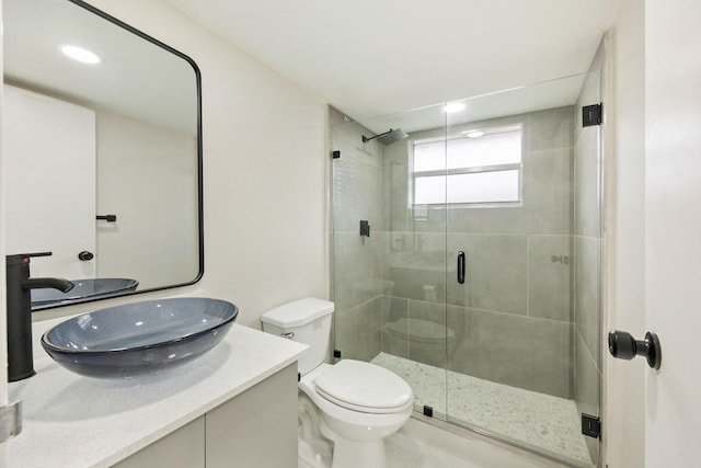 bathroom with an enclosed shower, vanity, and toilet