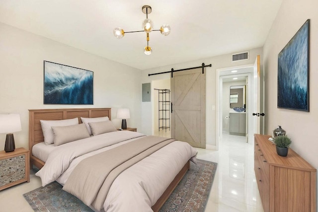 bedroom featuring a barn door, visible vents, baseboards, electric panel, and an inviting chandelier