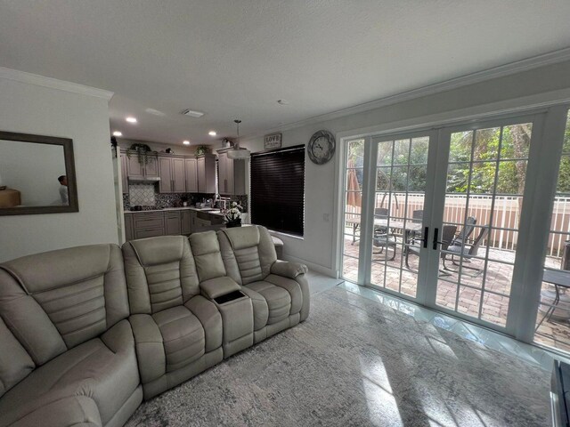 living room featuring french doors and ornamental molding