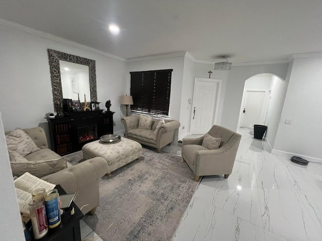 living room featuring a fireplace and ornamental molding