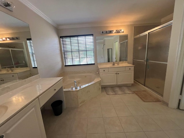 bathroom featuring ornamental molding, plus walk in shower, tile patterned flooring, and vanity