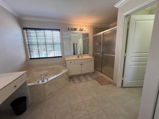 bathroom with tile patterned floors, vanity, crown molding, and shower with separate bathtub