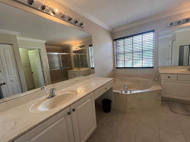 bathroom featuring vanity, shower with separate bathtub, ornamental molding, and tile patterned flooring