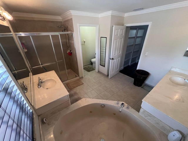 full bathroom featuring tile patterned flooring, vanity, toilet, crown molding, and plus walk in shower