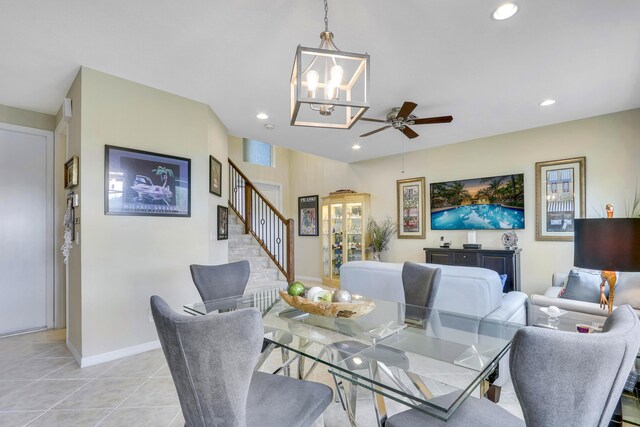 dining area with stairs, light tile patterned floors, baseboards, and recessed lighting