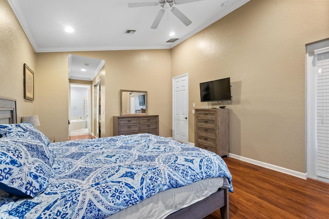 bedroom featuring crown molding, dark wood-type flooring, ensuite bathroom, and ceiling fan