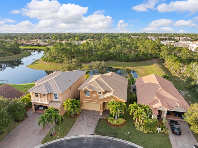 drone / aerial view with a water view