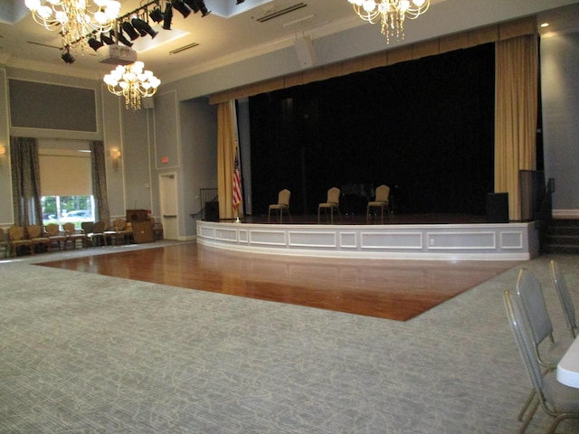 welcome area with a notable chandelier