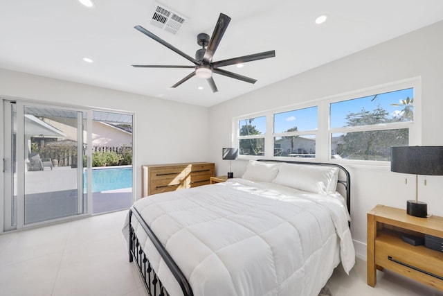 bedroom with access to outside and ceiling fan