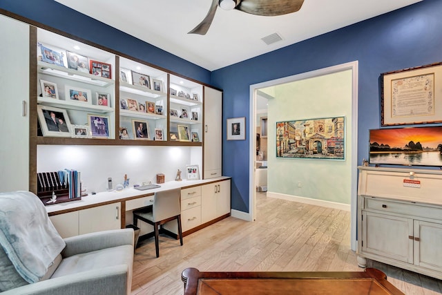 office space with built in desk, visible vents, a ceiling fan, and light wood-style floors