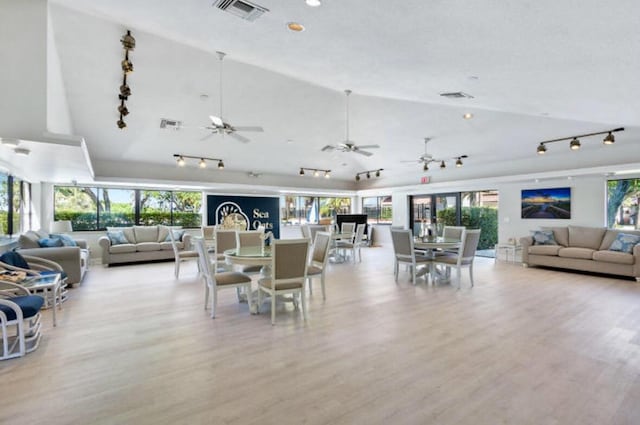 dining room featuring light wood-type flooring, vaulted ceiling, and a healthy amount of sunlight