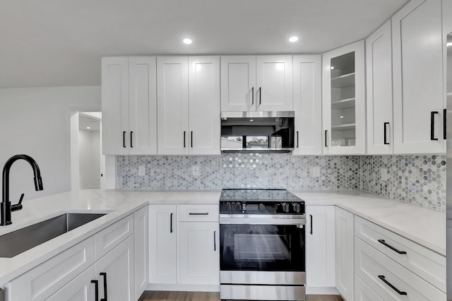 kitchen with appliances with stainless steel finishes, white cabinetry, sink, backsplash, and light hardwood / wood-style flooring