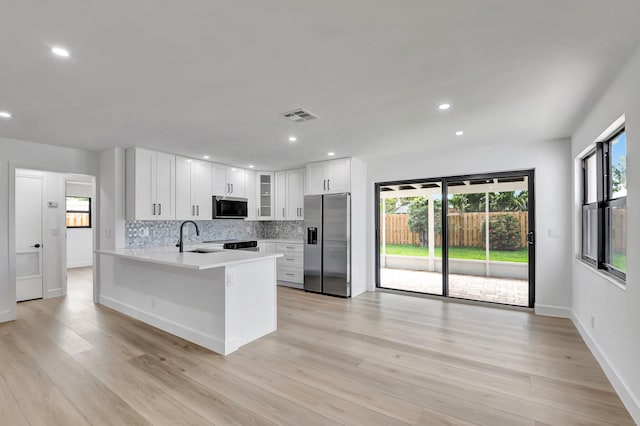 kitchen featuring sink, stainless steel appliances, white cabinets, kitchen peninsula, and light wood-type flooring