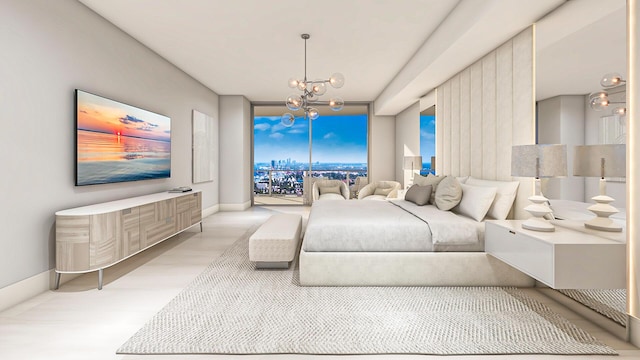 bedroom with a chandelier, light hardwood / wood-style flooring, and expansive windows