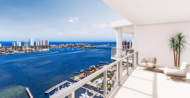 balcony featuring a water view