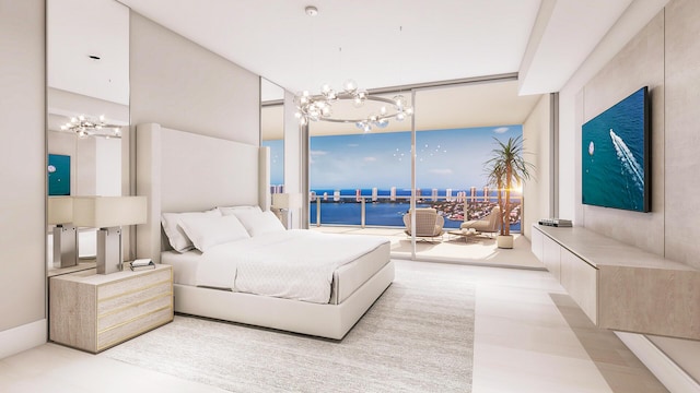 bedroom featuring a wall of windows and an inviting chandelier