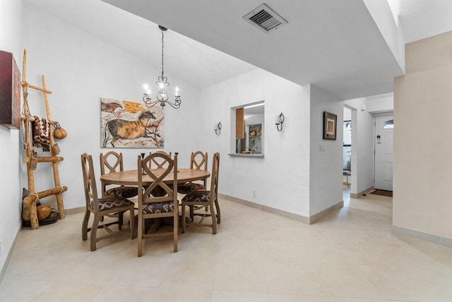 dining area featuring light tile patterned floors, baseboards, visible vents, vaulted ceiling, and a notable chandelier