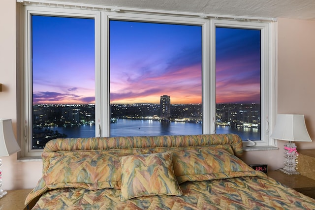 bedroom featuring a water view