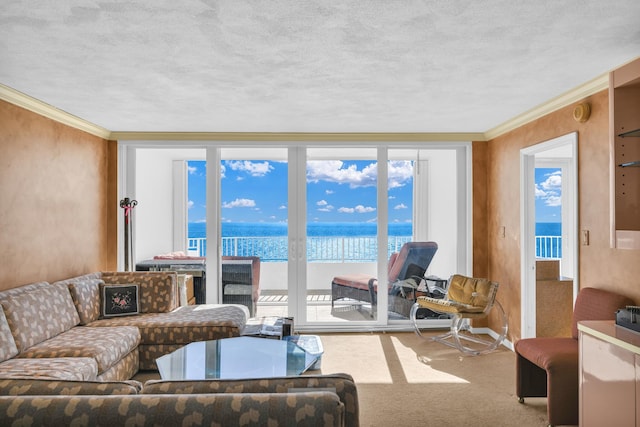 carpeted living room featuring a water view, ornamental molding, and a textured ceiling