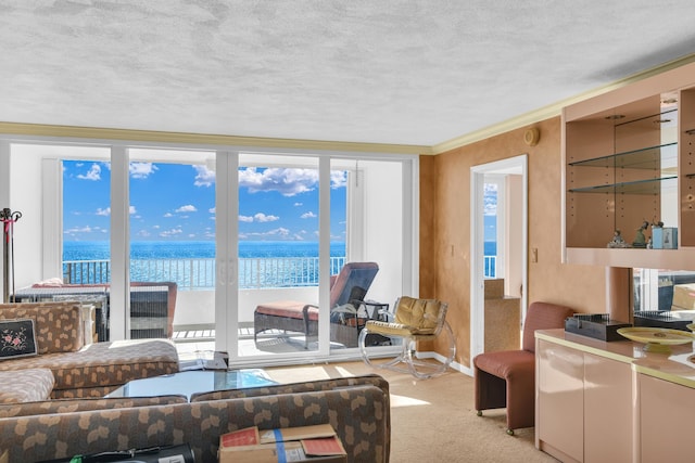 living room featuring crown molding, light colored carpet, a textured ceiling, and a water view