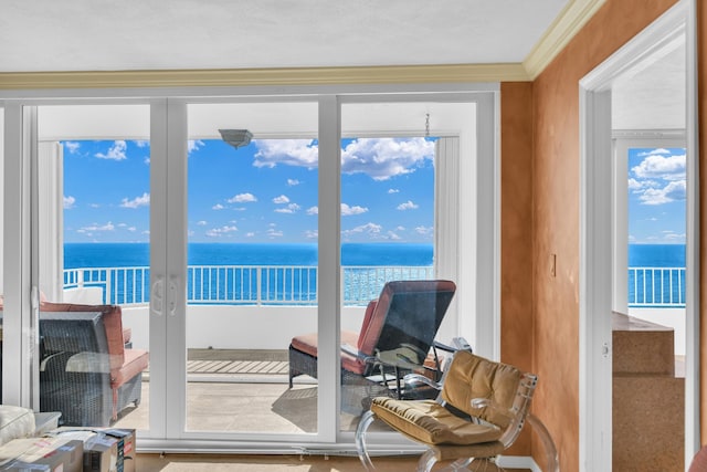 doorway to outside featuring a water view, ornamental molding, french doors, and a wealth of natural light