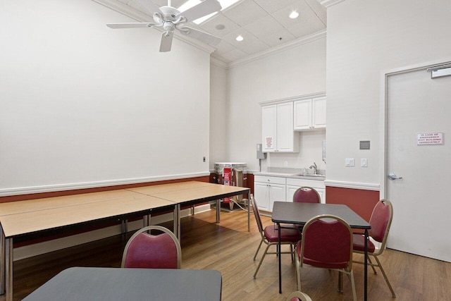 dining area with sink, crown molding, ceiling fan, and light wood-type flooring