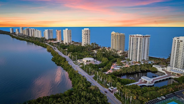 aerial view at dusk with a water view