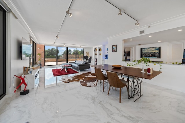 dining area with rail lighting, floor to ceiling windows, and crown molding