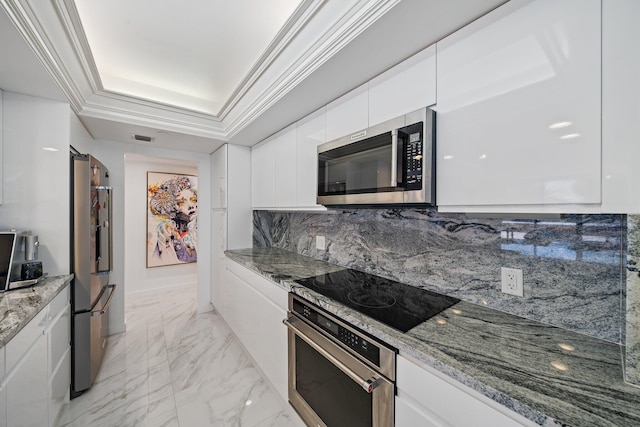 kitchen with white cabinetry, light stone countertops, a raised ceiling, and appliances with stainless steel finishes