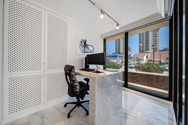 office space with ornamental molding, floor to ceiling windows, and track lighting