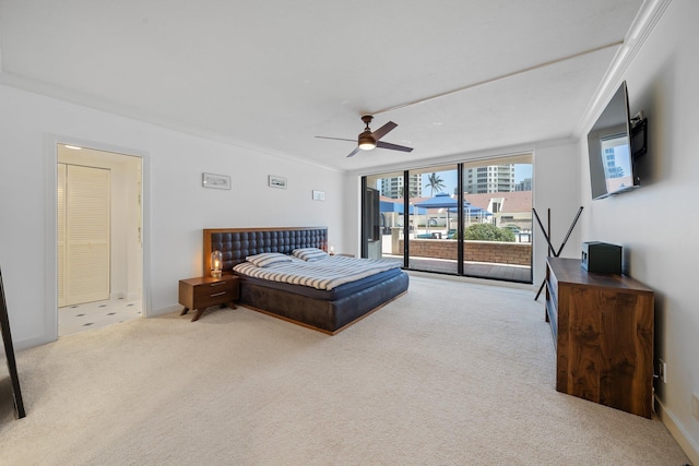 bedroom featuring a wall of windows, access to outside, ornamental molding, ceiling fan, and carpet