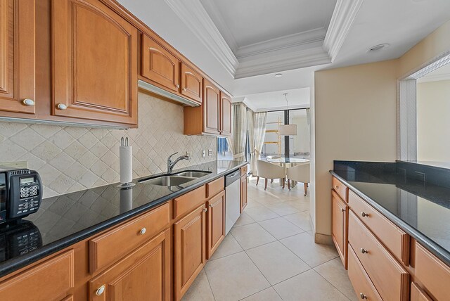 tiled dining area with beamed ceiling and crown molding