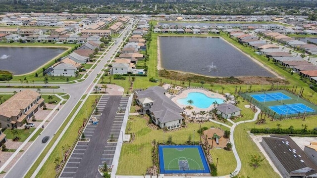 drone / aerial view featuring a water view