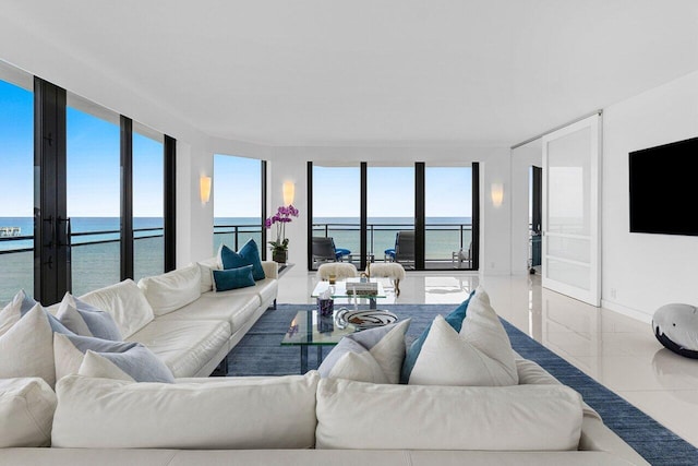 living room featuring a wall of windows and baseboards