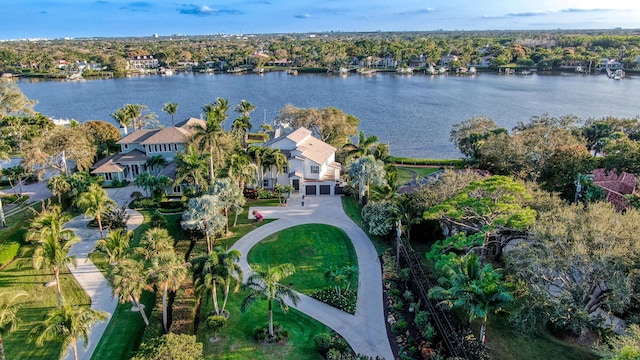 birds eye view of property featuring a water view