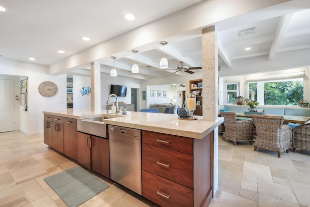 kitchen with dishwasher, sink, decorative light fixtures, beam ceiling, and ceiling fan