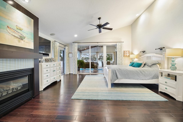 bedroom with ceiling fan, access to outside, dark hardwood / wood-style flooring, and lofted ceiling