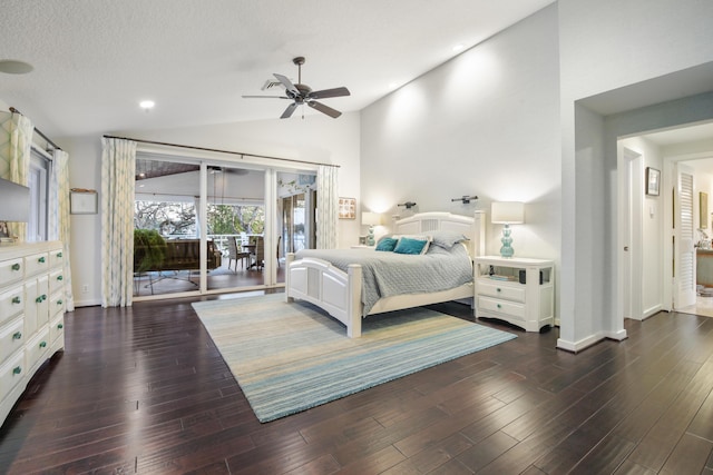 bedroom with ceiling fan, lofted ceiling, dark hardwood / wood-style floors, and access to outside