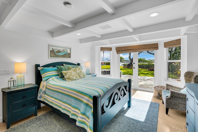 tiled bedroom featuring french doors, beamed ceiling, and access to outside