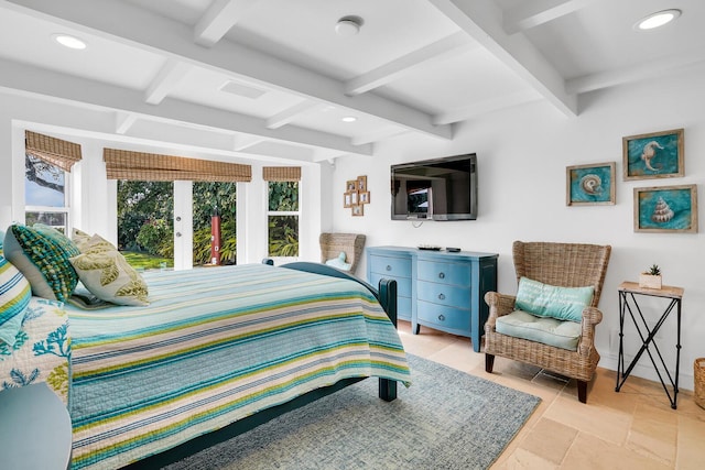 bedroom featuring beamed ceiling and access to outside