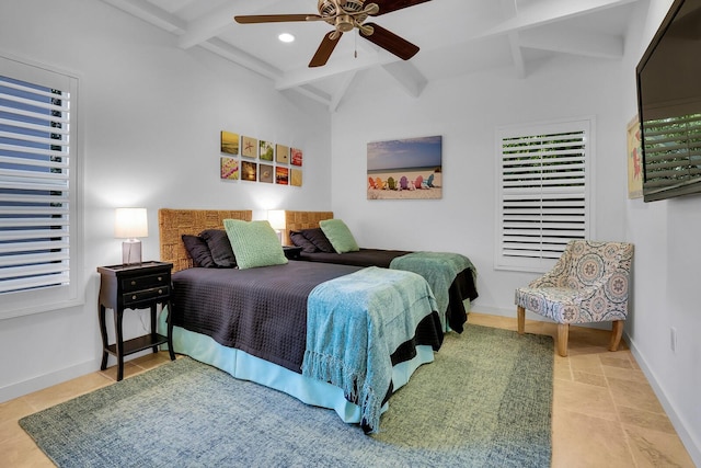 bedroom with vaulted ceiling with beams and ceiling fan