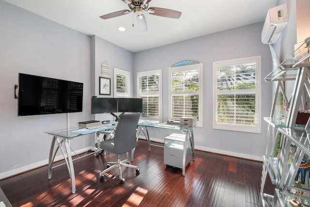 home office featuring an AC wall unit, dark hardwood / wood-style floors, and ceiling fan