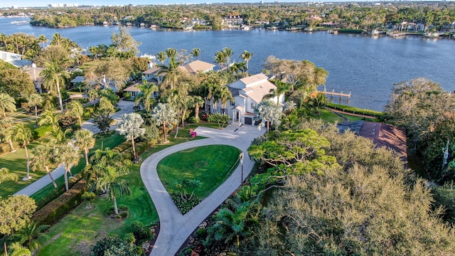 drone / aerial view featuring a water view