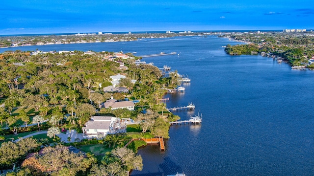 drone / aerial view featuring a water view