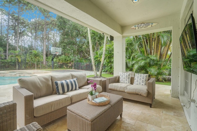 view of patio / terrace featuring a fenced in pool and an outdoor hangout area