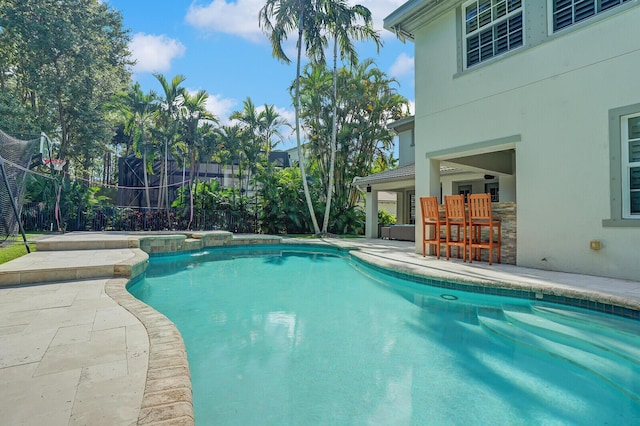 view of swimming pool with a patio and an outdoor bar