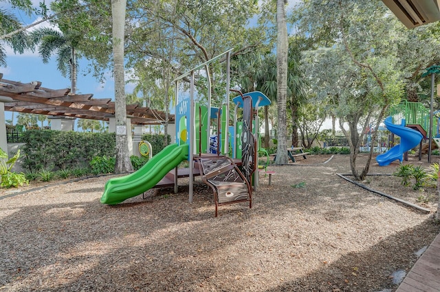 view of jungle gym with a pergola